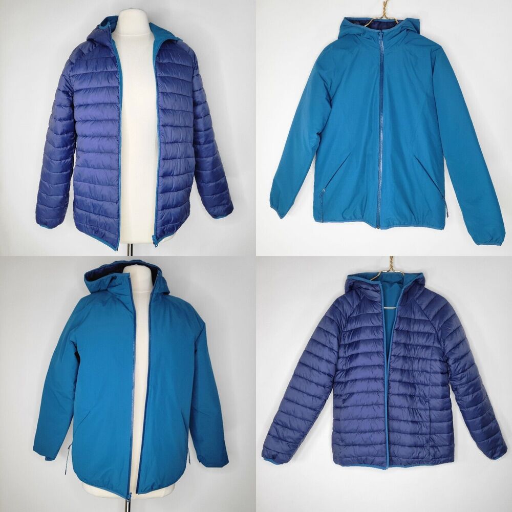 LANDS' END Women's Reversible Puffer Jacket Size S Blue Hooded Primaloft